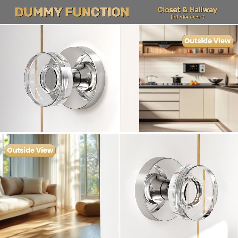 naubea 4 Pack Polished Chrome Door Knobs Glass Door Knob Dummy Door Knobs Interior Crystal Dummy Door Handle for Hall and Closet - Image 2